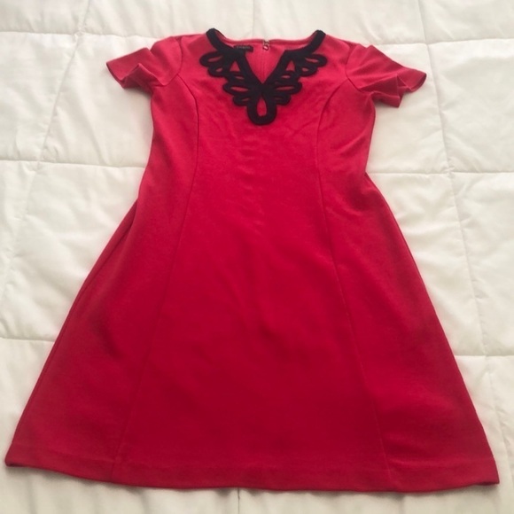 Talbots hot pink ribbed sheath dress with navy embroidered neckline size small - Picture 1 of 9